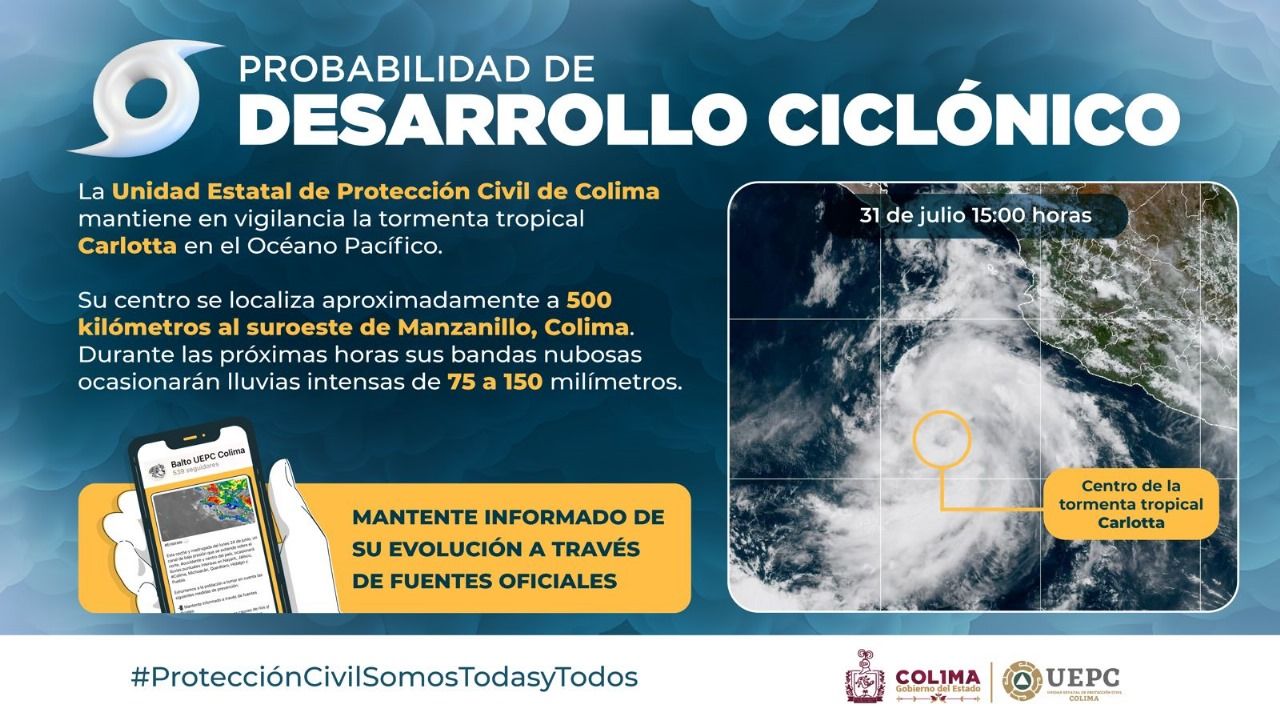 En este momento estás viendo Protección Civil: Depresión tropical Tres-E evolucionó a Tormenta Tropical ‘Carlotta’