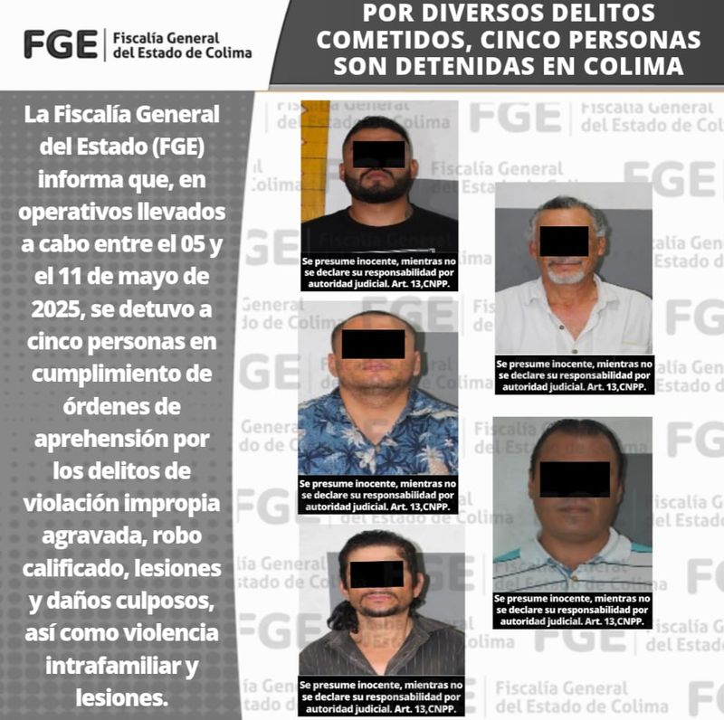 En este momento estás viendo Por diversos delitos cometidos, cinco personas son detenidas en Colima