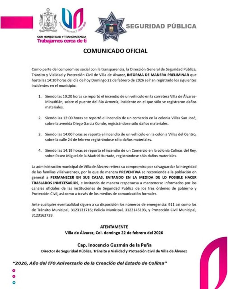 En este momento estás viendo Seguridad Pública de Villa de Álvarez confirma cuatro incendios en el municipio