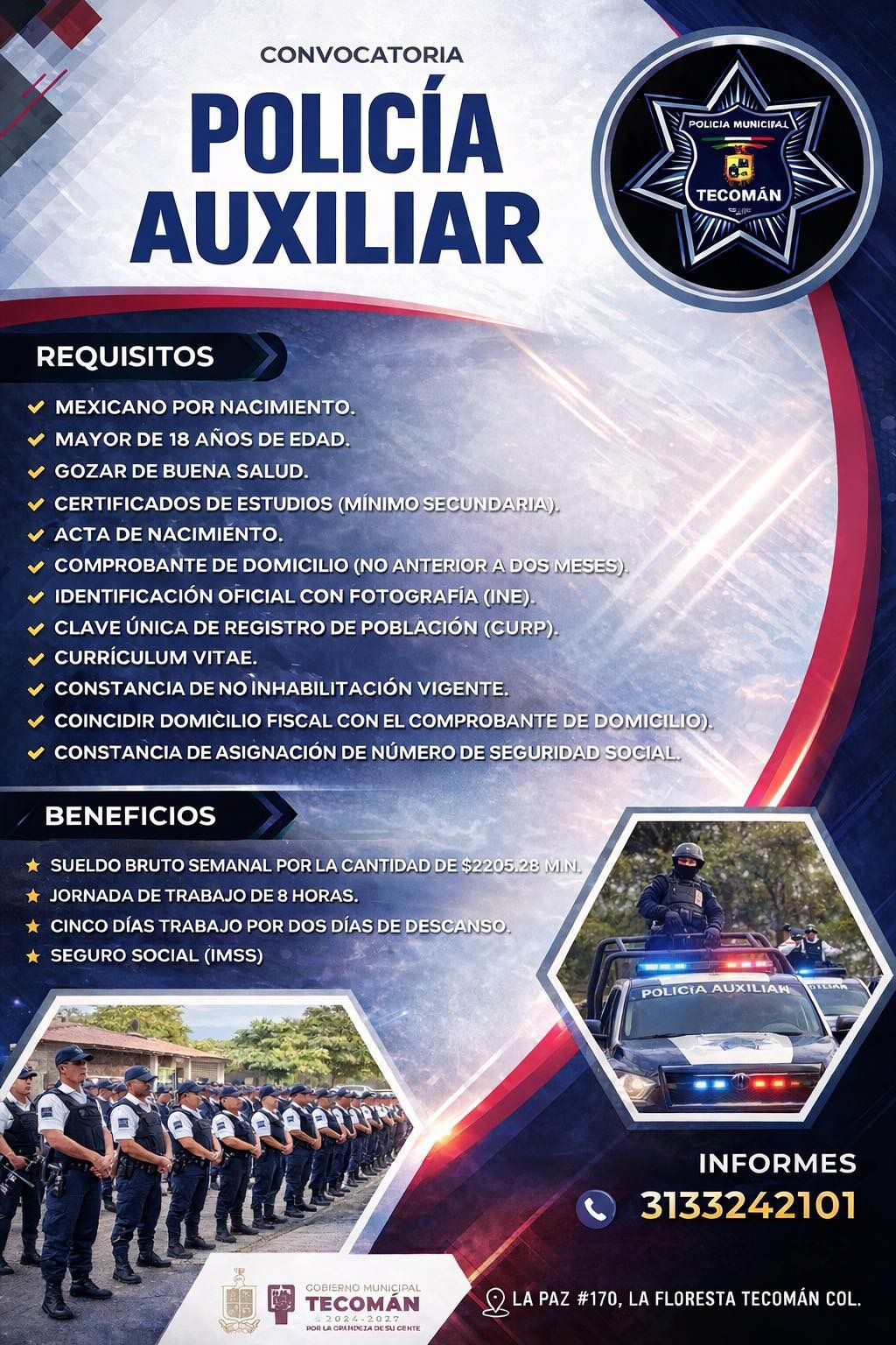 En este momento estás viendo Tecomán abre convocatoria para integrarse a la Policía Auxiliar