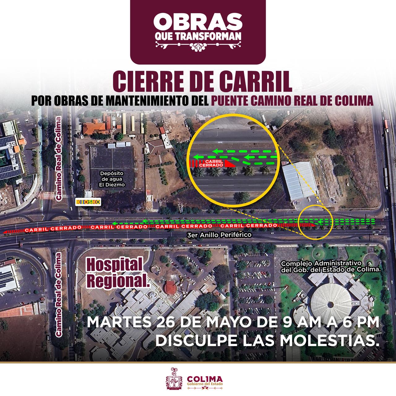 En este momento estás viendo Seidum Colima informa cierre parcial de carril por trabajos de mantenimiento en el Puente Camino Real