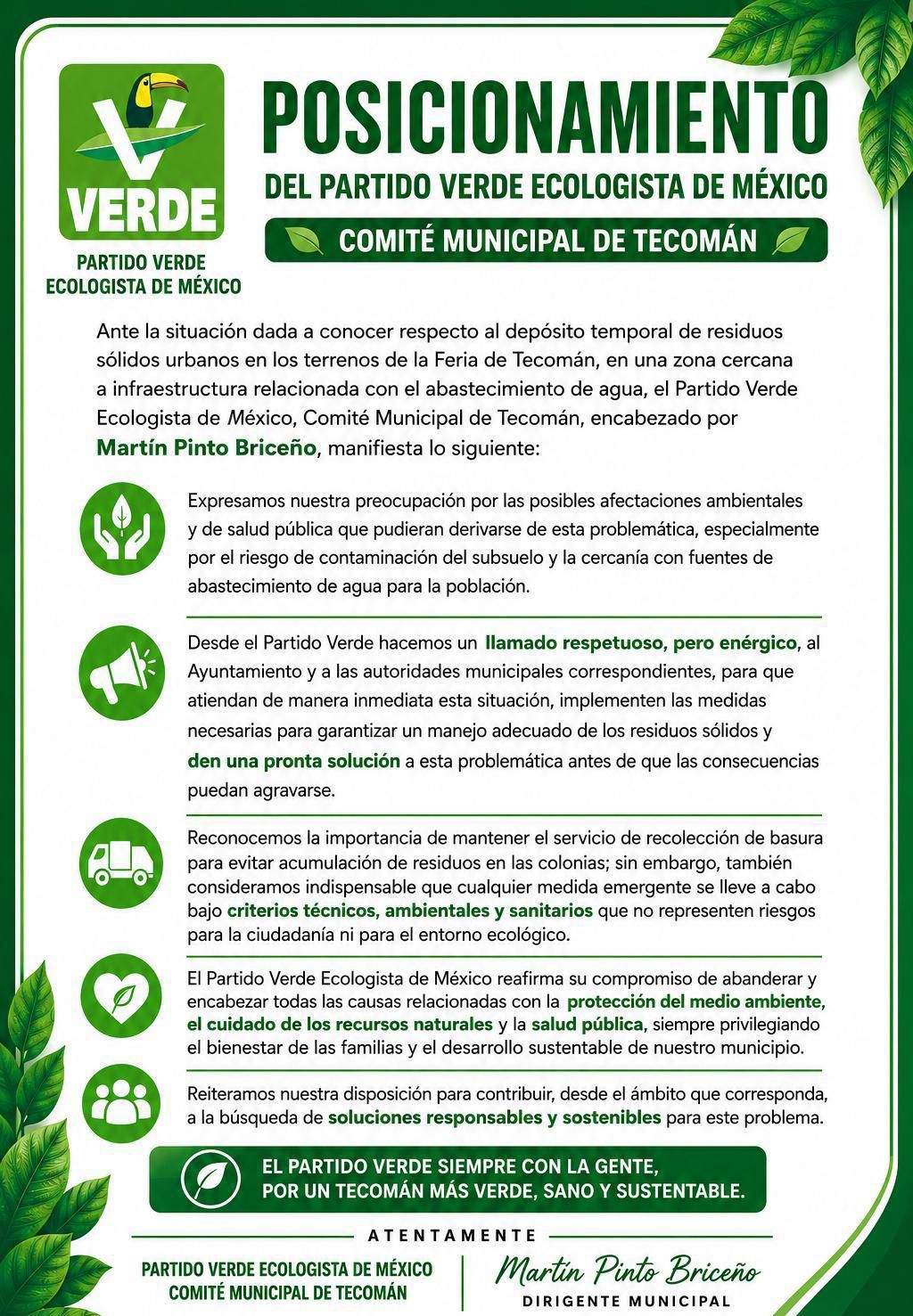 En este momento estás viendo Partido Verde fija posición ante depósito temporal de residuos en Tecomán