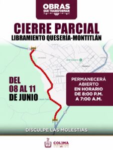 Lee más sobre el artículo Alerta Seidum Colima por cierre parcial del libramiento Quesería-Montitlán, a partir de hoy y hasta el jueves