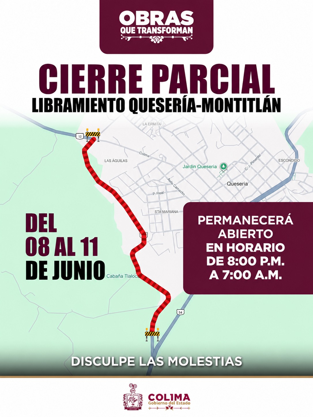 En este momento estás viendo Alerta Seidum Colima por cierre parcial del libramiento Quesería-Montitlán, a partir de hoy y hasta el jueves