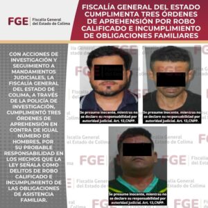 Lee más sobre el artículo FGE cumplimenta tres órdenes de aprehensión por robo calificado e incumplimiento de obligaciones familiares
