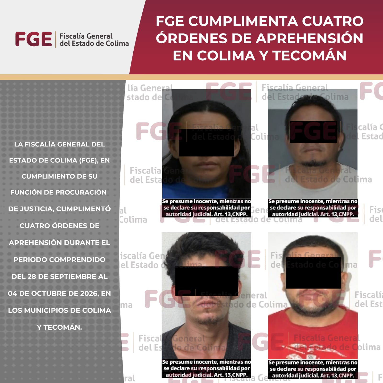 En este momento estás viendo FGE cumplimenta cuatro órdenes de aprehensión en Colima y Tecomán